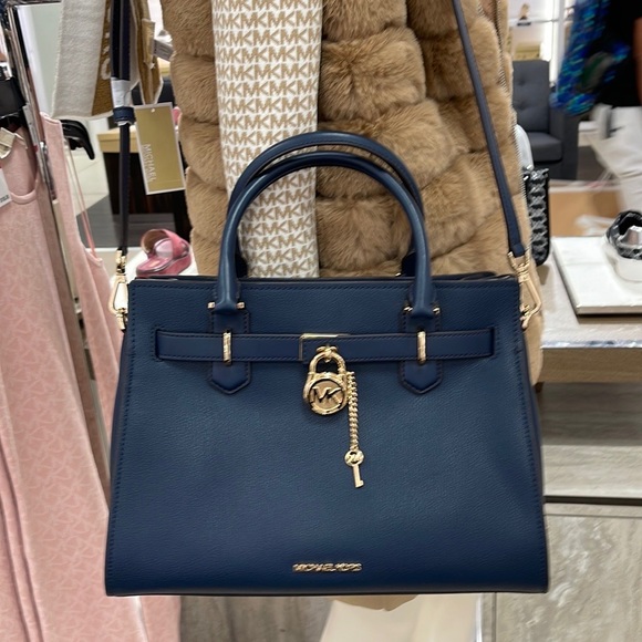 Michael Kors 35T1GHMS2L Hamilton Medium Satchel Crossbody Navy - Picture 7 of 16